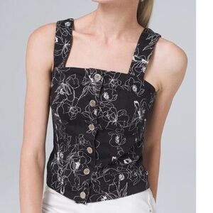 White House Black Market Black Floral Square-Neck Button Corset Tank